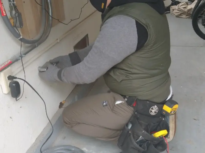 Electrician performing outlet wiring in a Salem garage